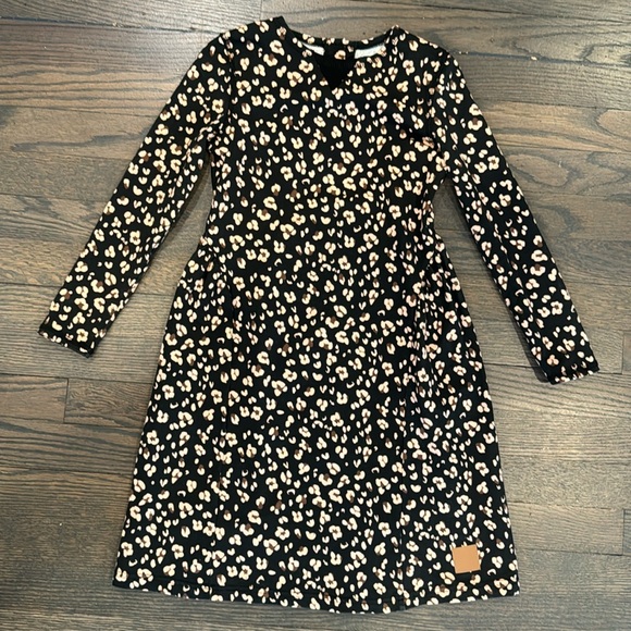 Girls Cheetah Print Black Fit and Flare Long Sleeve Dress, Size 7 - Picture 1 of 8
